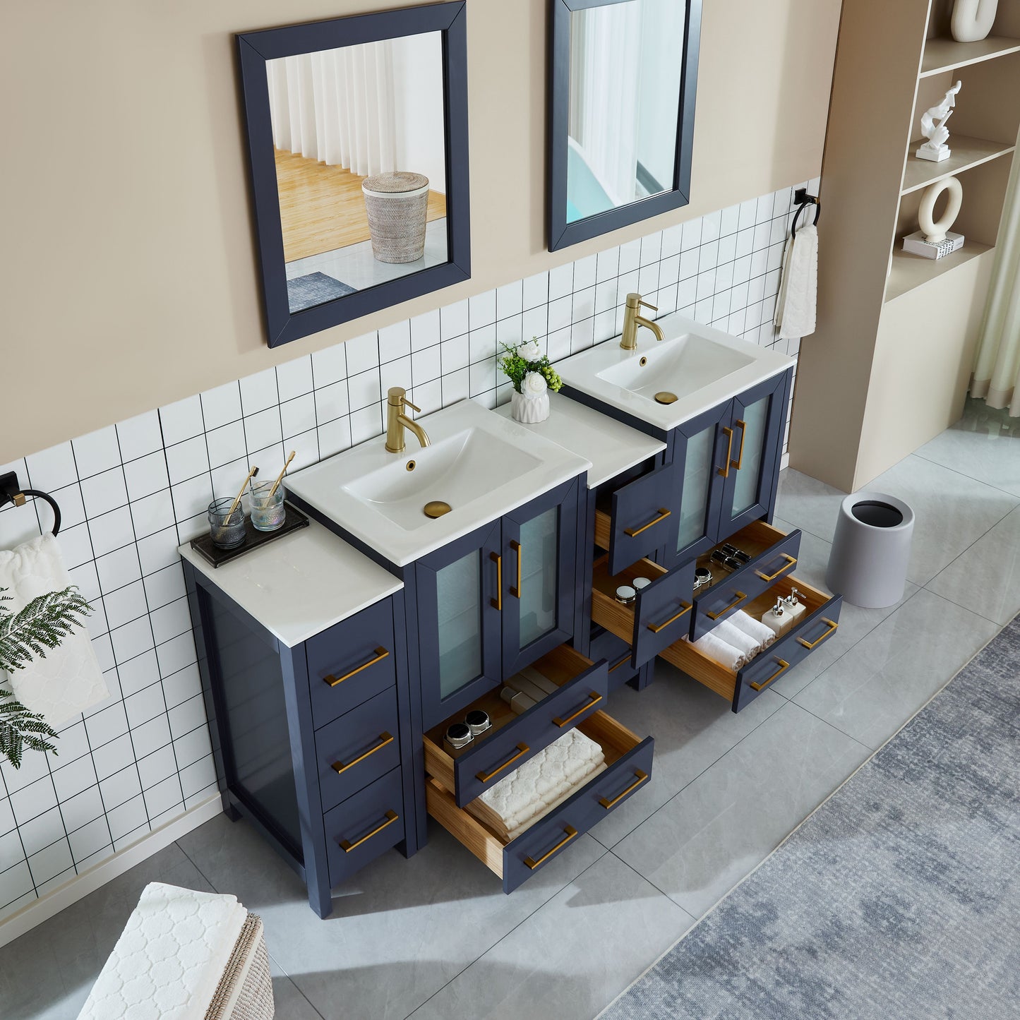 72 Inch Double Sink Bathroom Vanity in Blue with Ceramic Countertop - Vanity Art VA3024-72B