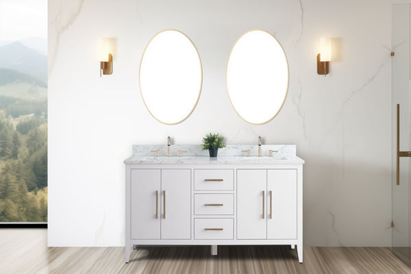 60 Inch Double Sink Bathroom Vanity in White with Marble Countertop - Vanity Art VA9060-DW