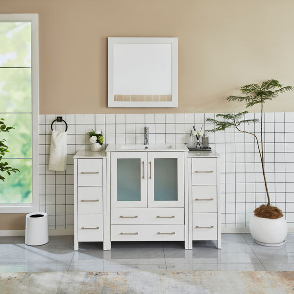 54 Inch Single Sink Bathroom Vanity in White with Ceramic Countertop - Vanity Art VA3030-54W