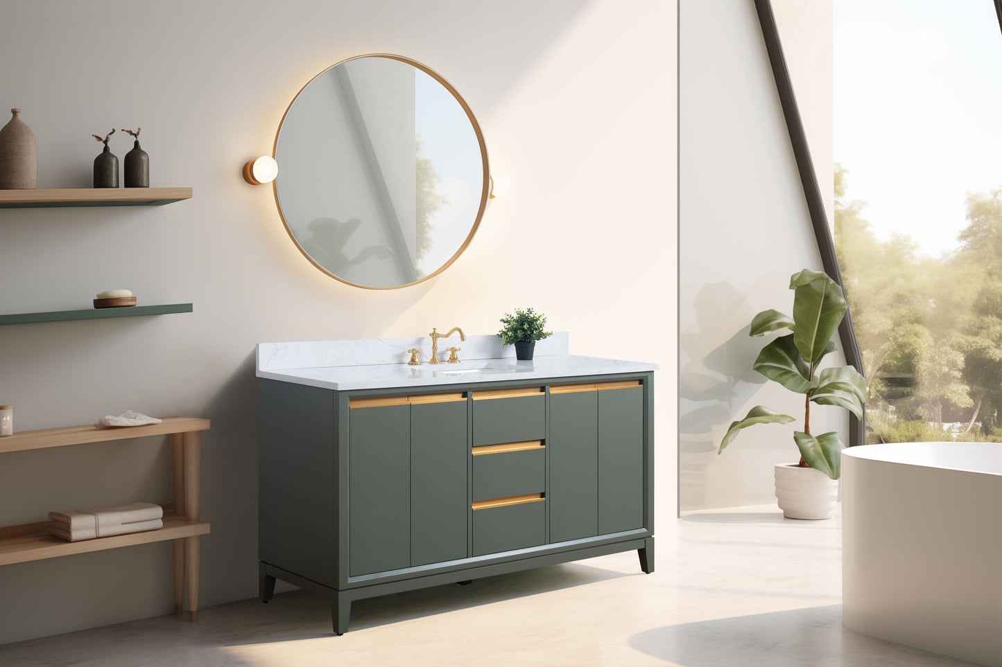 60 Inch Single Sink Bathroom Vanity in Vintage Green with Marble Countertop - Vanity Art VA8060-SVG