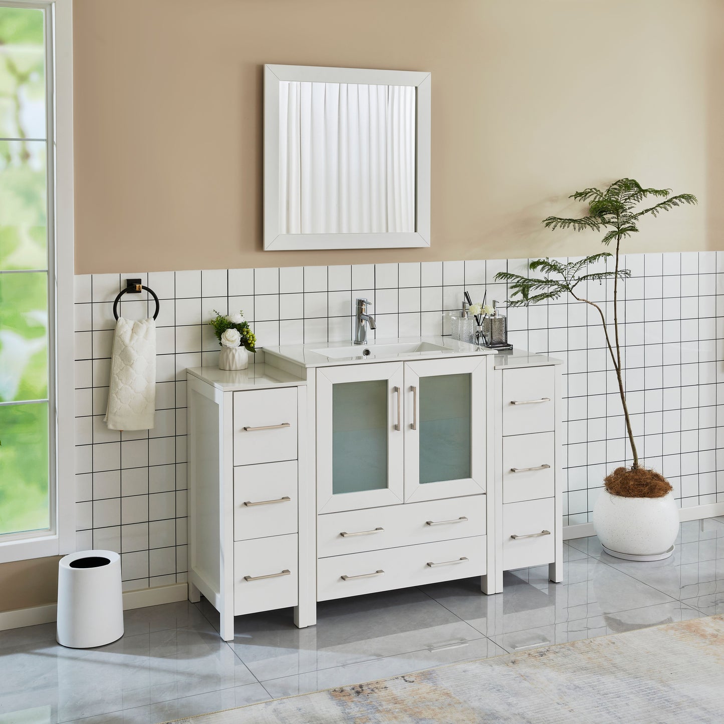 54 Inch Single Sink Bathroom Vanity in White with Ceramic Countertop - Vanity Art VA3030-54W