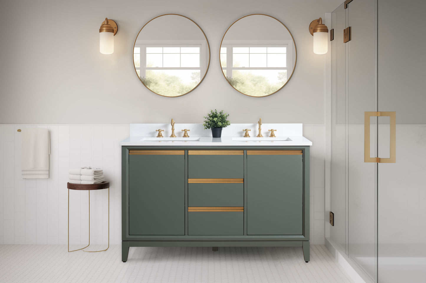 54 Inch Double Sink Bathroom Vanity in Vintage Green with Marble Countertop - Vanity Art VA8054-DVG