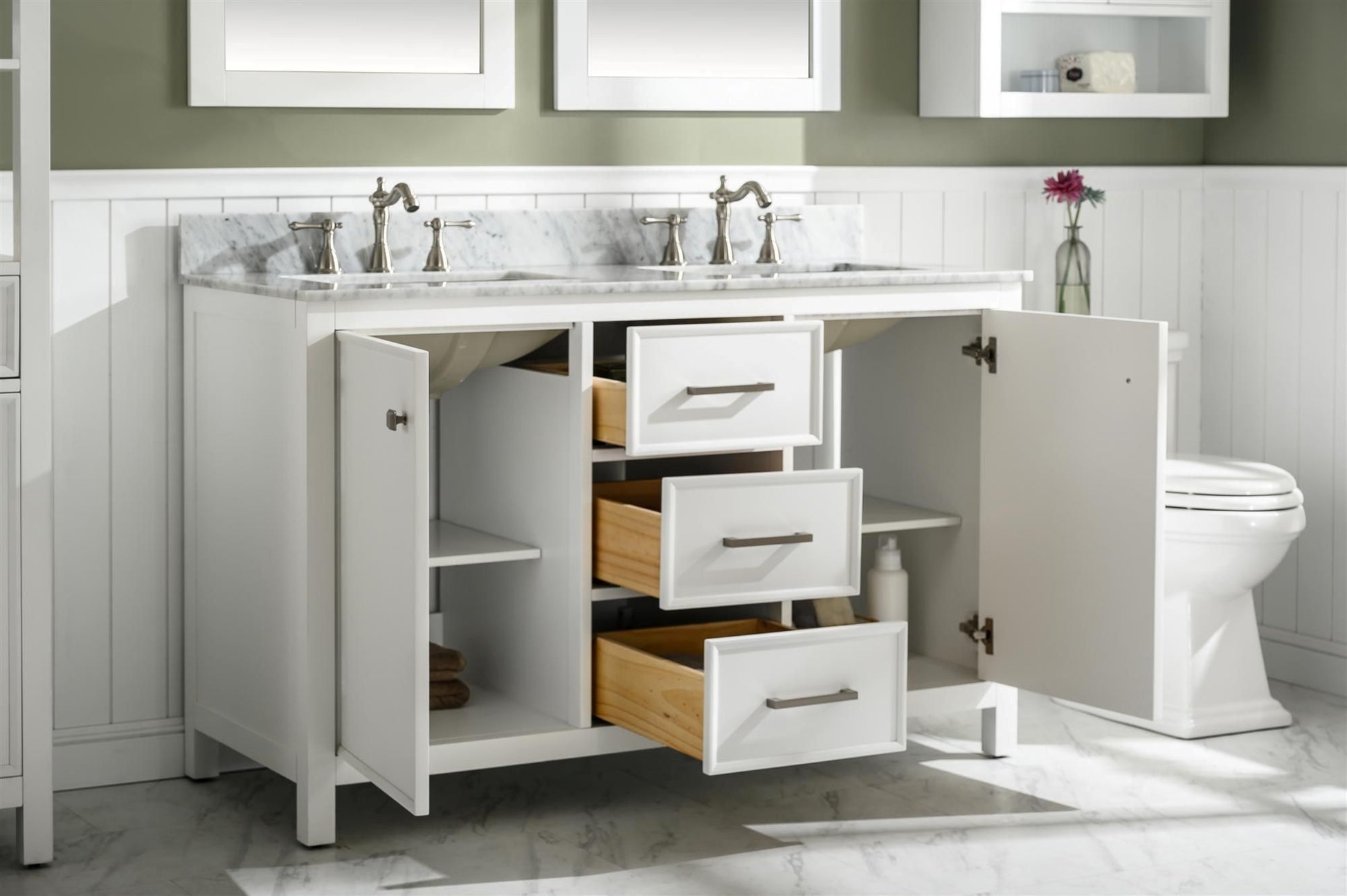 Legion Furniture WLF2154-W 54" White Finish Double-Sink Vanity Cabinet with Carrara White Top