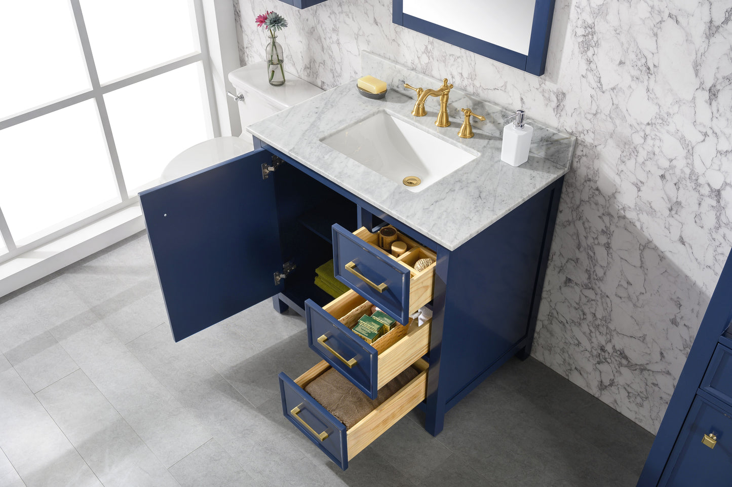 Legion Furniture WLF2136-B 36" Blue Finish Sink Vanity Cabinet with Carrara White Top