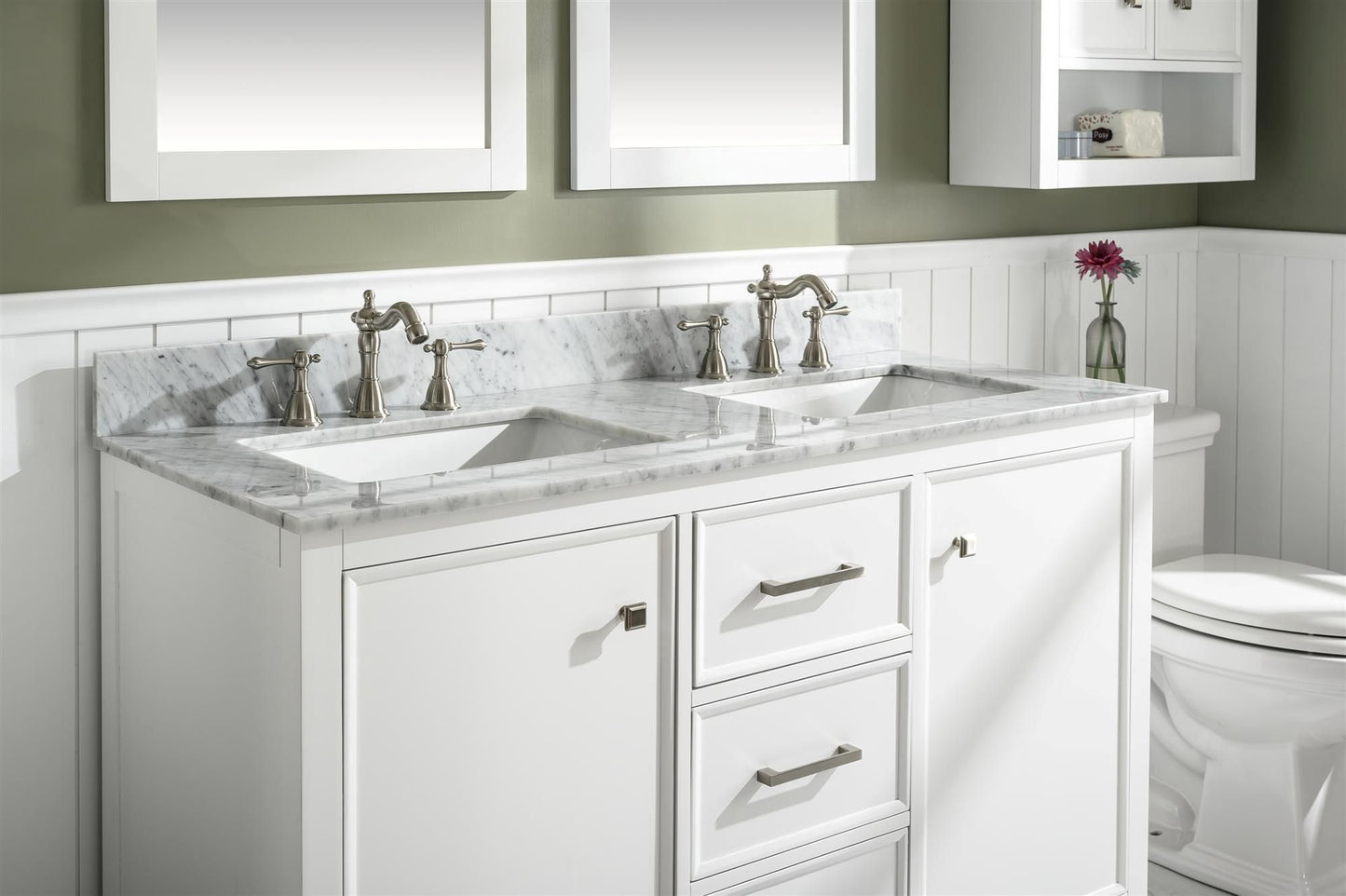 Legion Furniture WLF2154-W 54" White Finish Double-Sink Vanity Cabinet with Carrara White Top