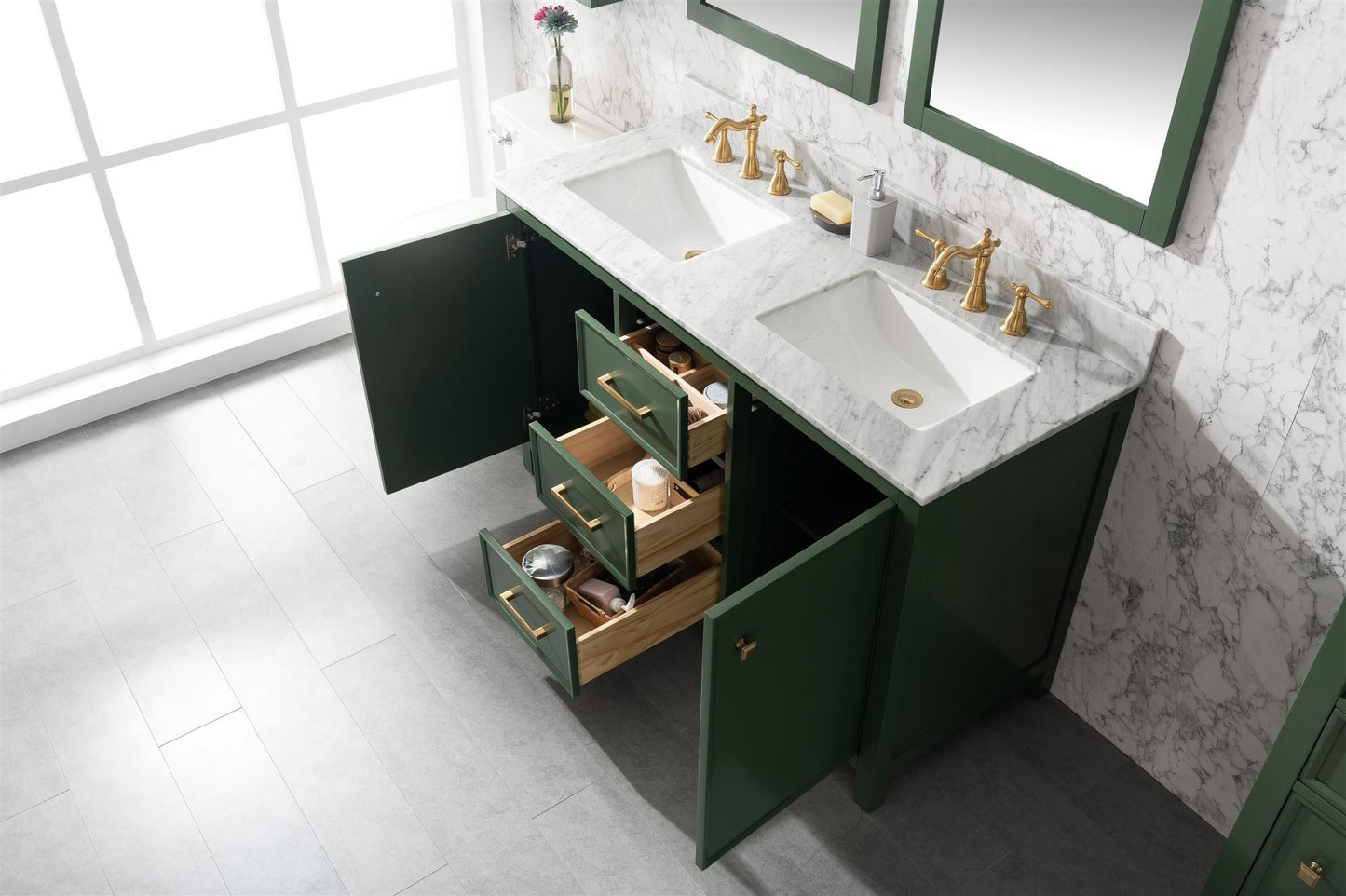 Legion Furniture WLF2154-VG 54" Vogue Green Finish Double-Sink Vanity Cabinet with Carrara White Top