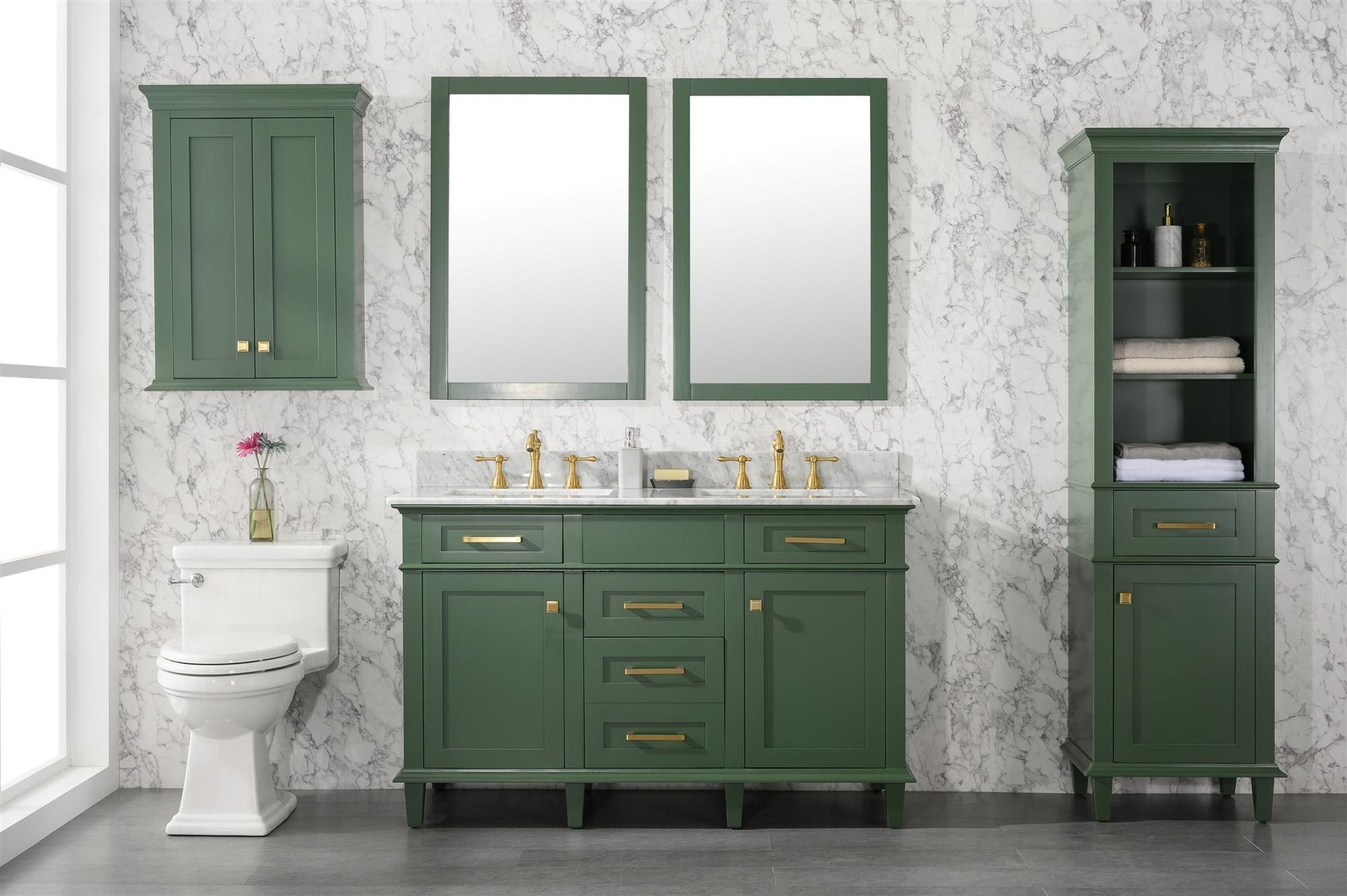 Legion Furniture WLF2254-VG 54" Vogue Green Finish Double-Sink Vanity Cabinet with Carrara White Top