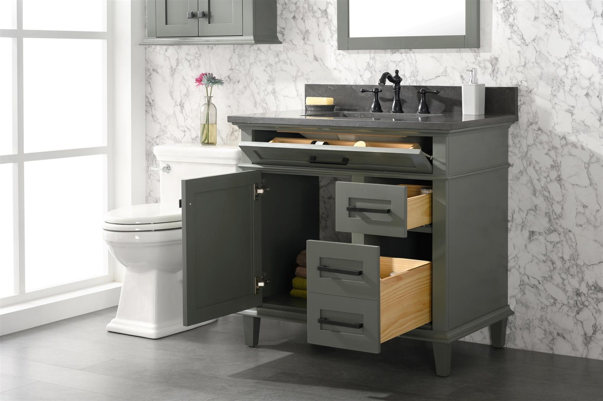 Legion Furniture WLF2236-PG 36" Pewter Green Finish Sink Vanity Cabinet with Blue Limestone Top