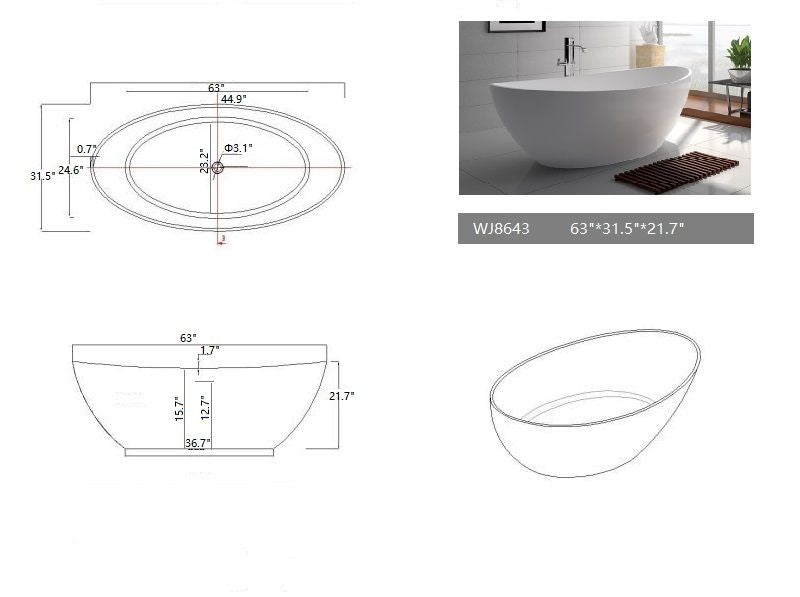 Legion Furniture WJ8643-W 63" White Matte Solid Surface Tub - No Faucet