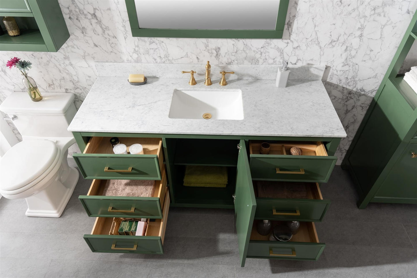 Legion Furniture WLF2160S-VG 60" Vogue Green Finish Single-Sink Vanity Cabinet with Carrara White Top