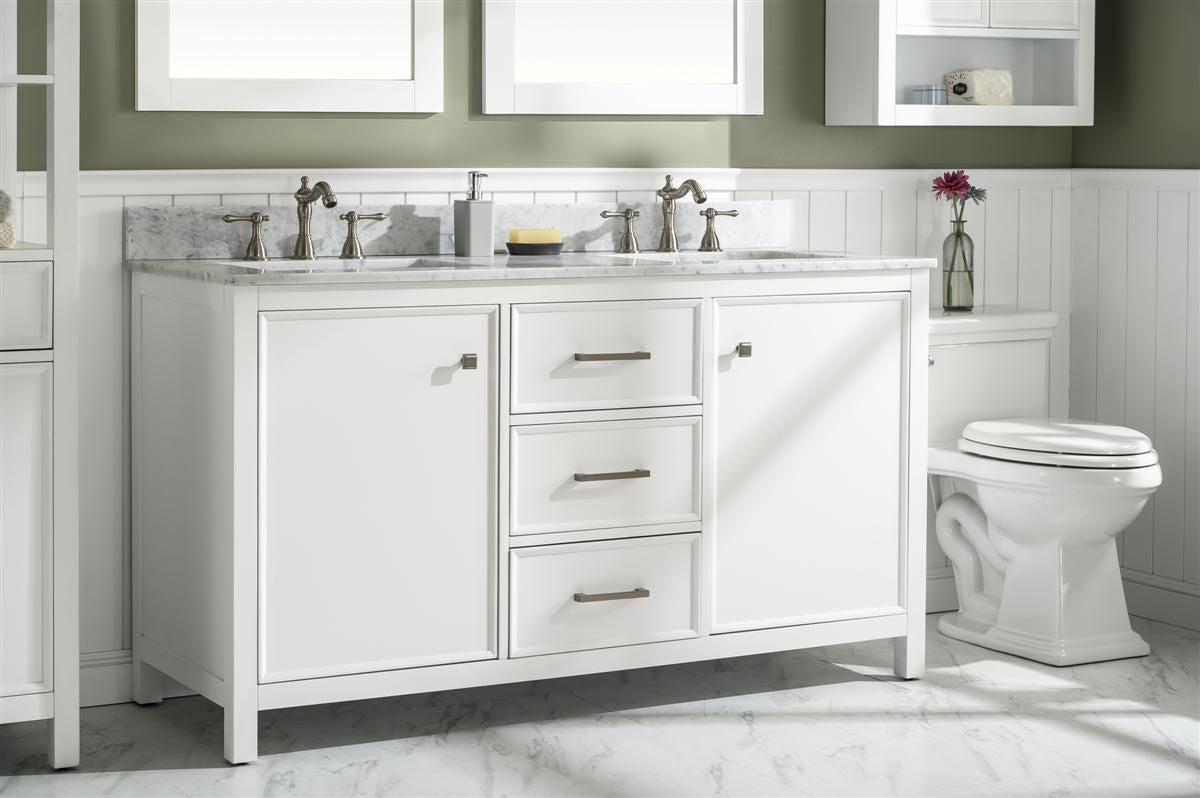 Legion Furniture WLF2160D-W 60" White Finish Double-Sink Vanity Cabinet with Carrara White Top