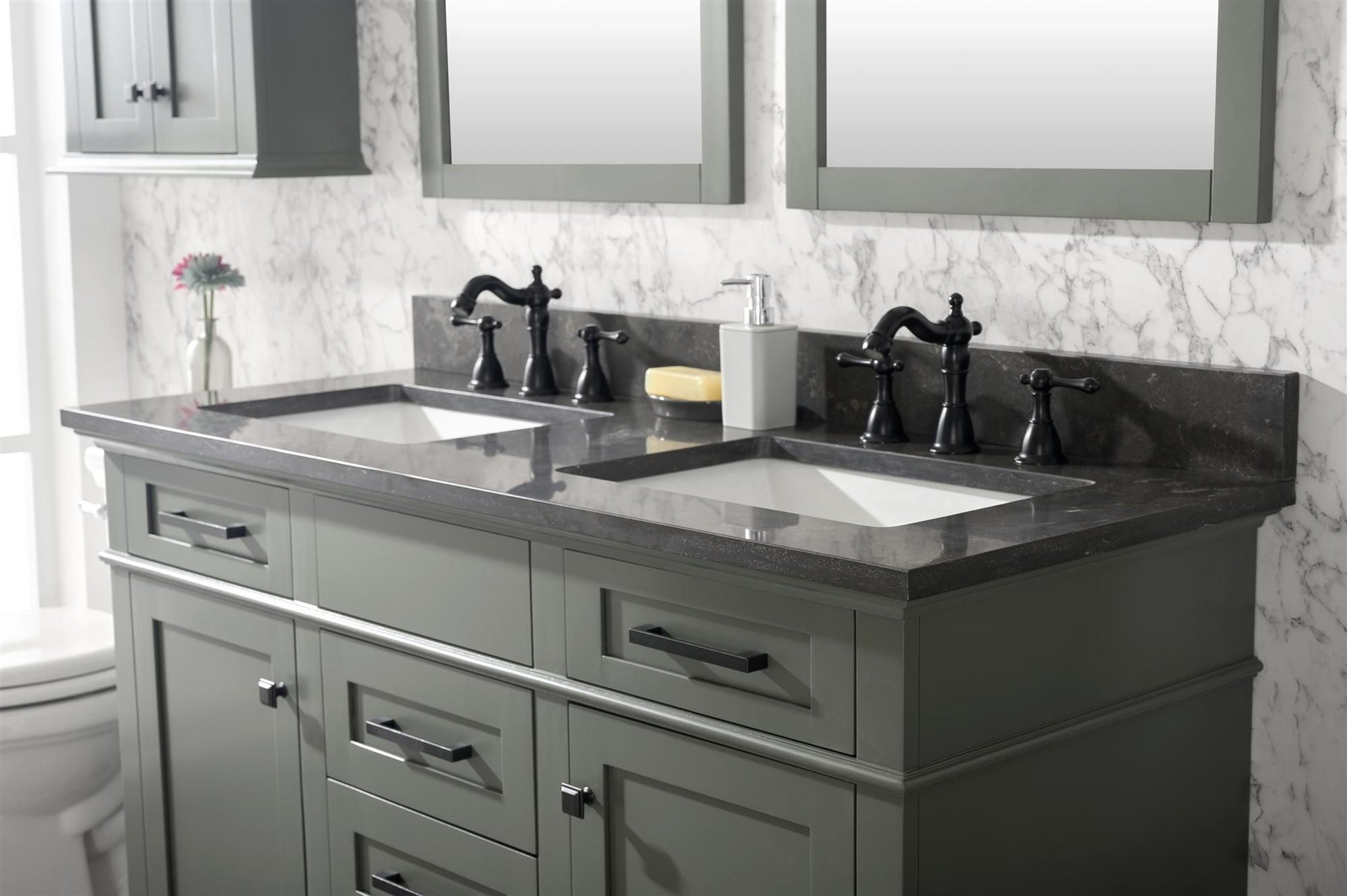 Legion Furniture WLF2254-PG 54" Pewter Green Finish Double-Sink Vanity Cabinet with Blue Limestone Top