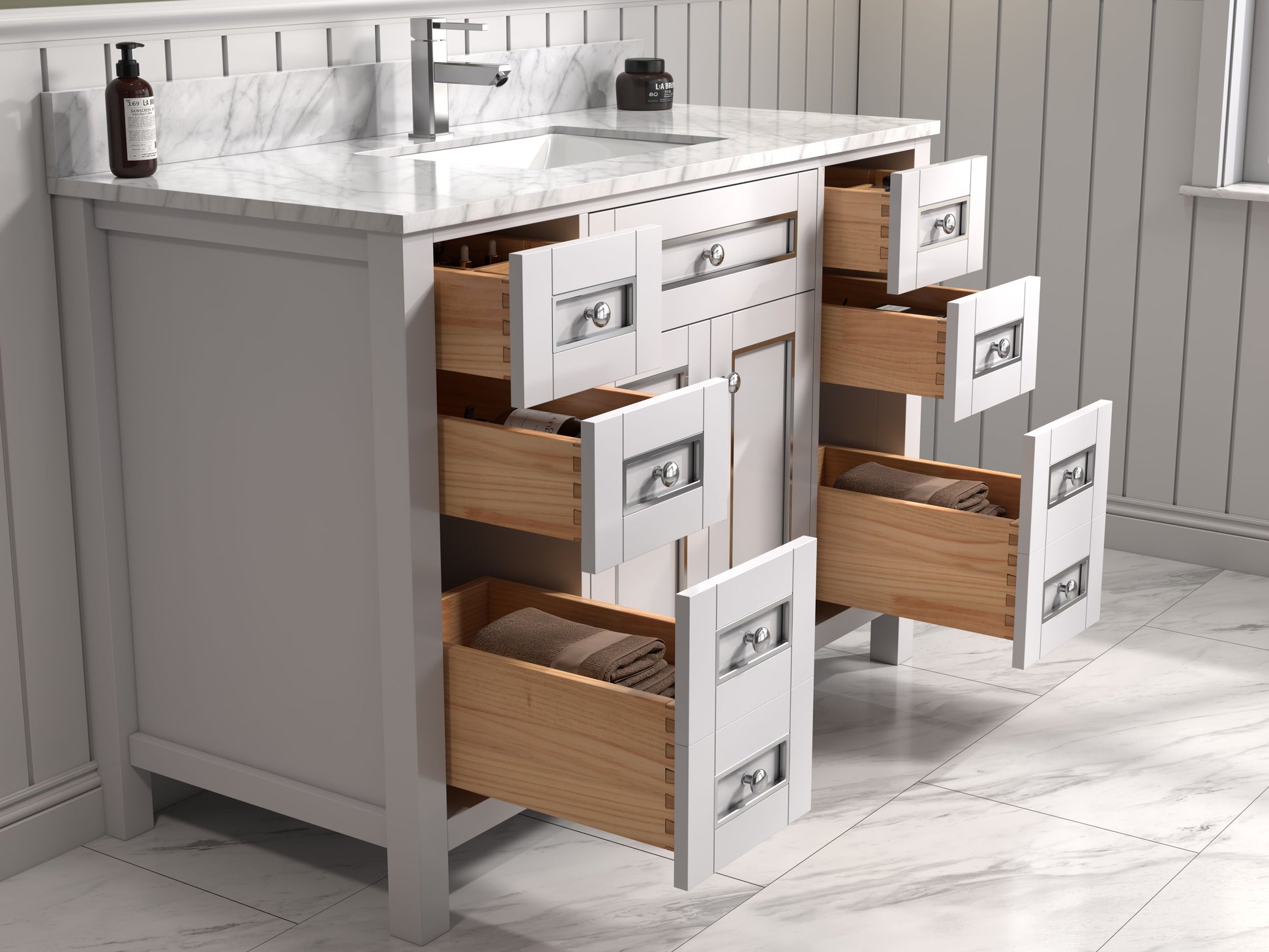 Legion Furniture WV2248-W 48" White Finish Sink Vanity Cabinet with Carrara White Top