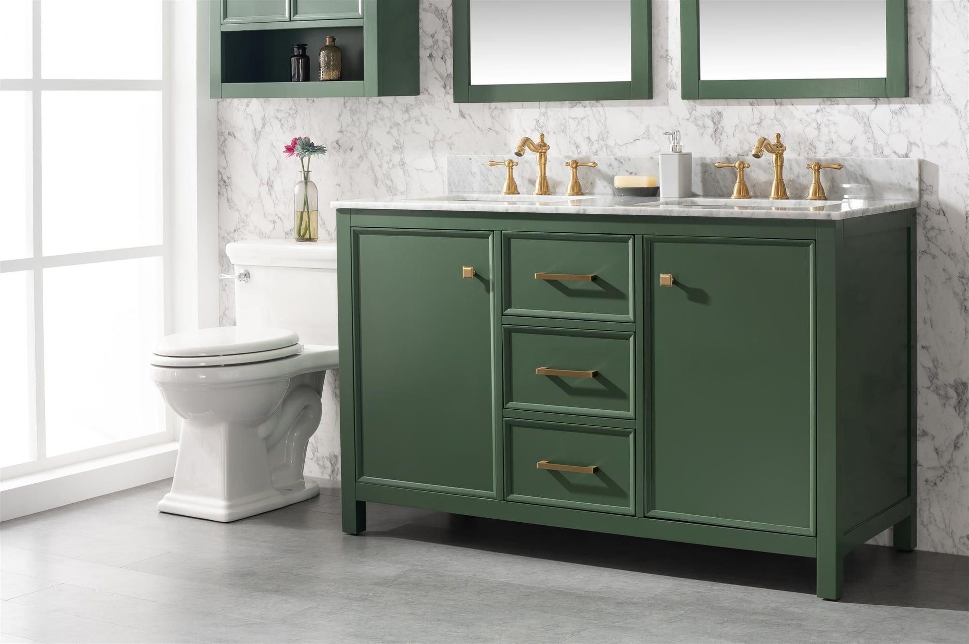 Legion Furniture WLF2154-VG 54" Vogue Green Finish Double-Sink Vanity Cabinet with Carrara White Top