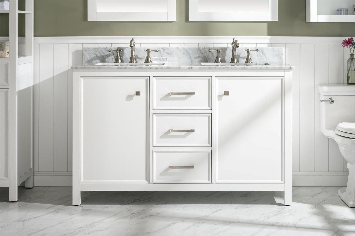 Legion Furniture WLF2154-W 54" White Finish Double-Sink Vanity Cabinet with Carrara White Top