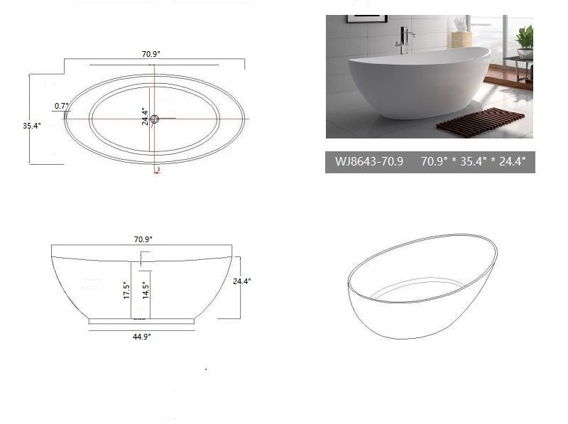 Legion Furniture WJ8643-W-L 71" White Matte Solid Surface Tub - No Faucet