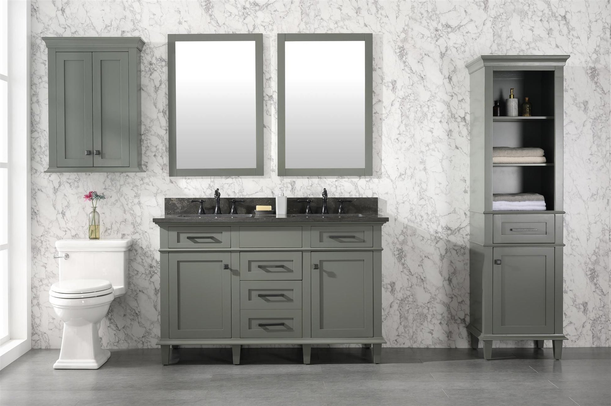 Legion Furniture WLF2254-PG 54" Pewter Green Finish Double-Sink Vanity Cabinet with Blue Limestone Top