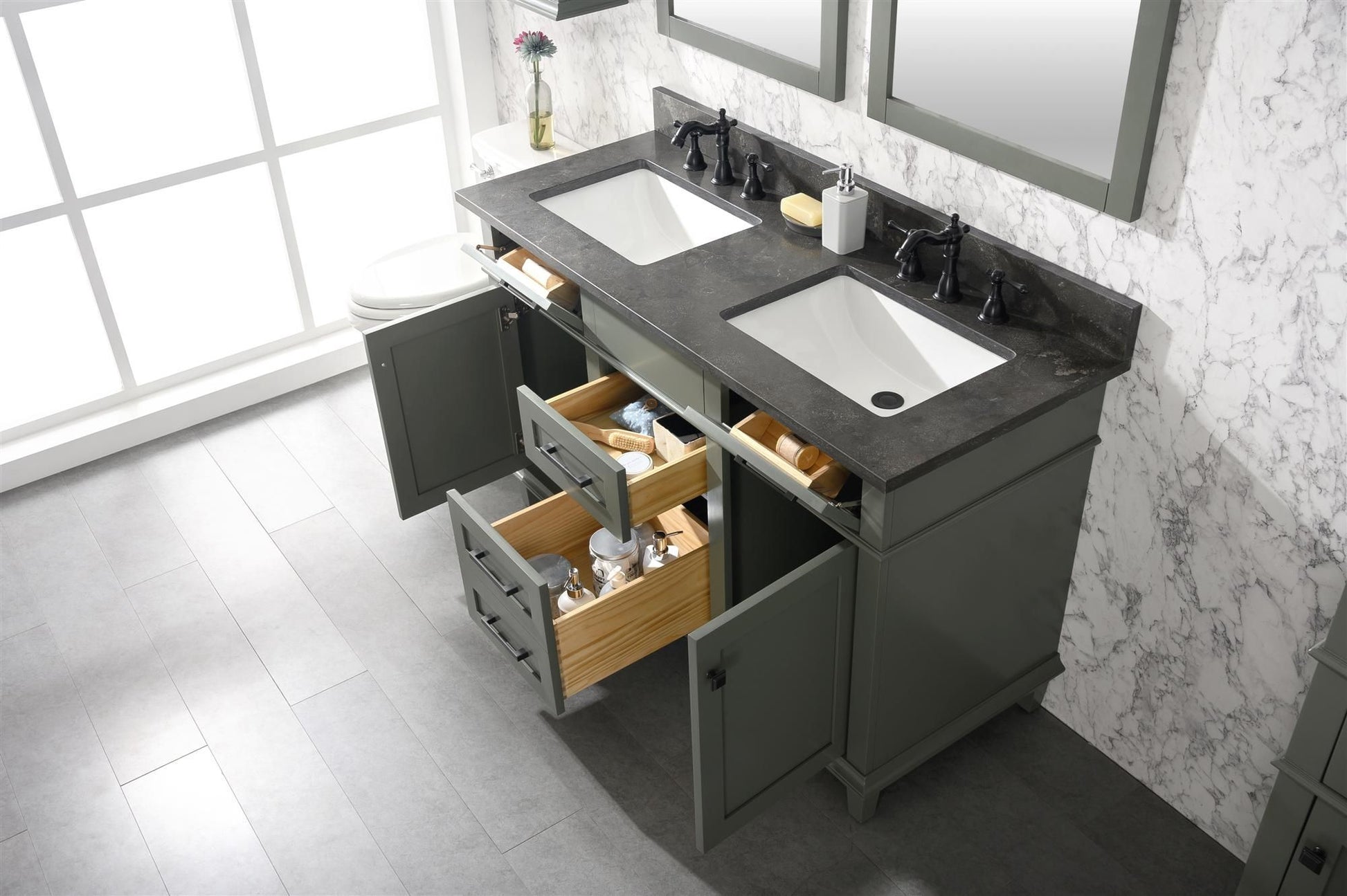 Legion Furniture WLF2254-PG 54" Pewter Green Finish Double-Sink Vanity Cabinet with Blue Limestone Top