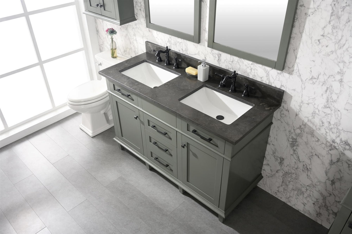 Legion Furniture WLF2254-PG 54" Pewter Green Finish Double-Sink Vanity Cabinet with Blue Limestone Top