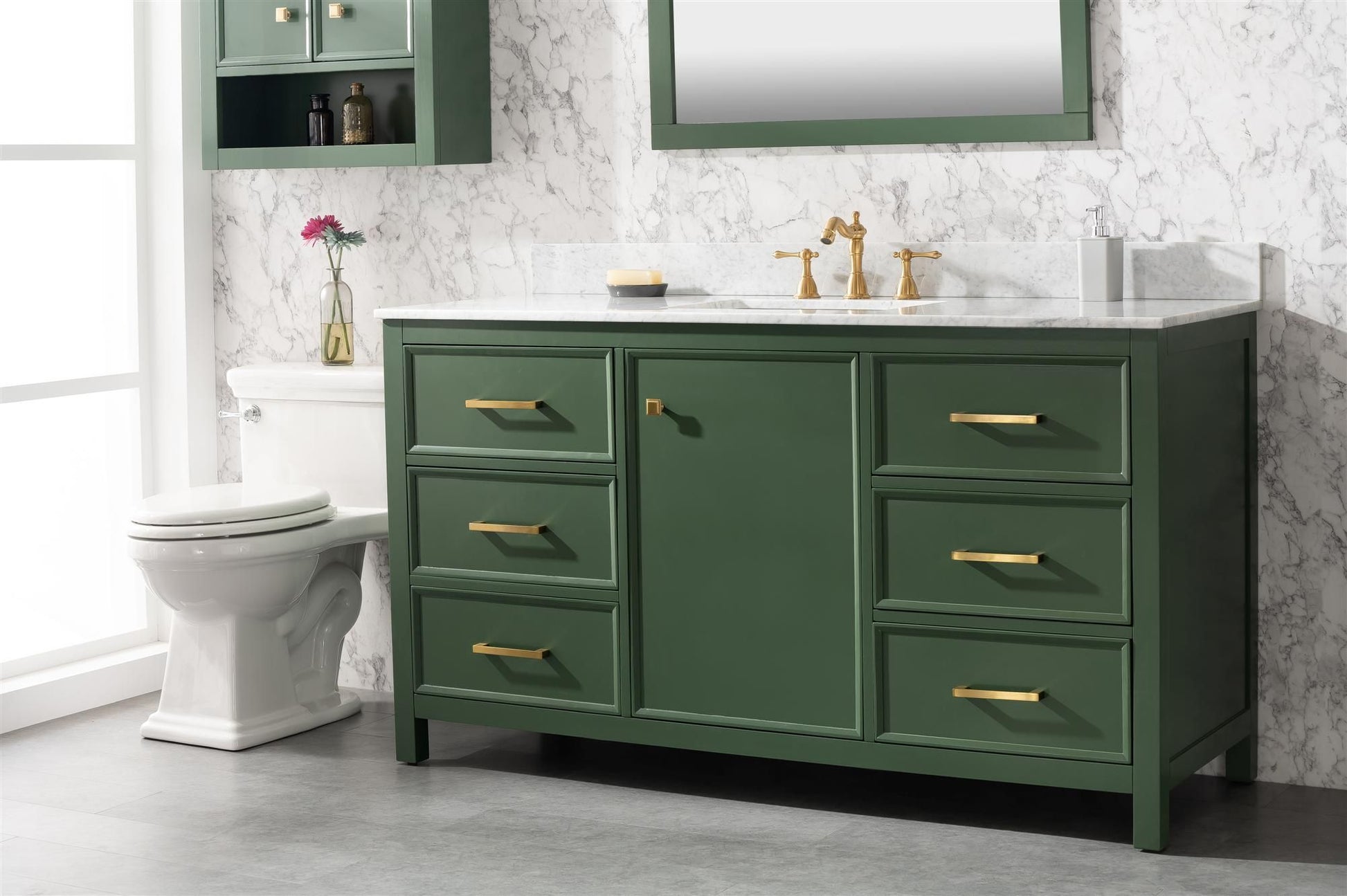 Legion Furniture WLF2160S-VG 60" Vogue Green Finish Single-Sink Vanity Cabinet with Carrara White Top