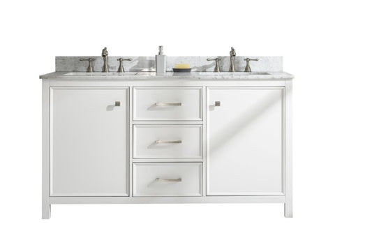 Legion Furniture WLF2160D-W 60" White Finish Double-Sink Vanity Cabinet with Carrara White Top