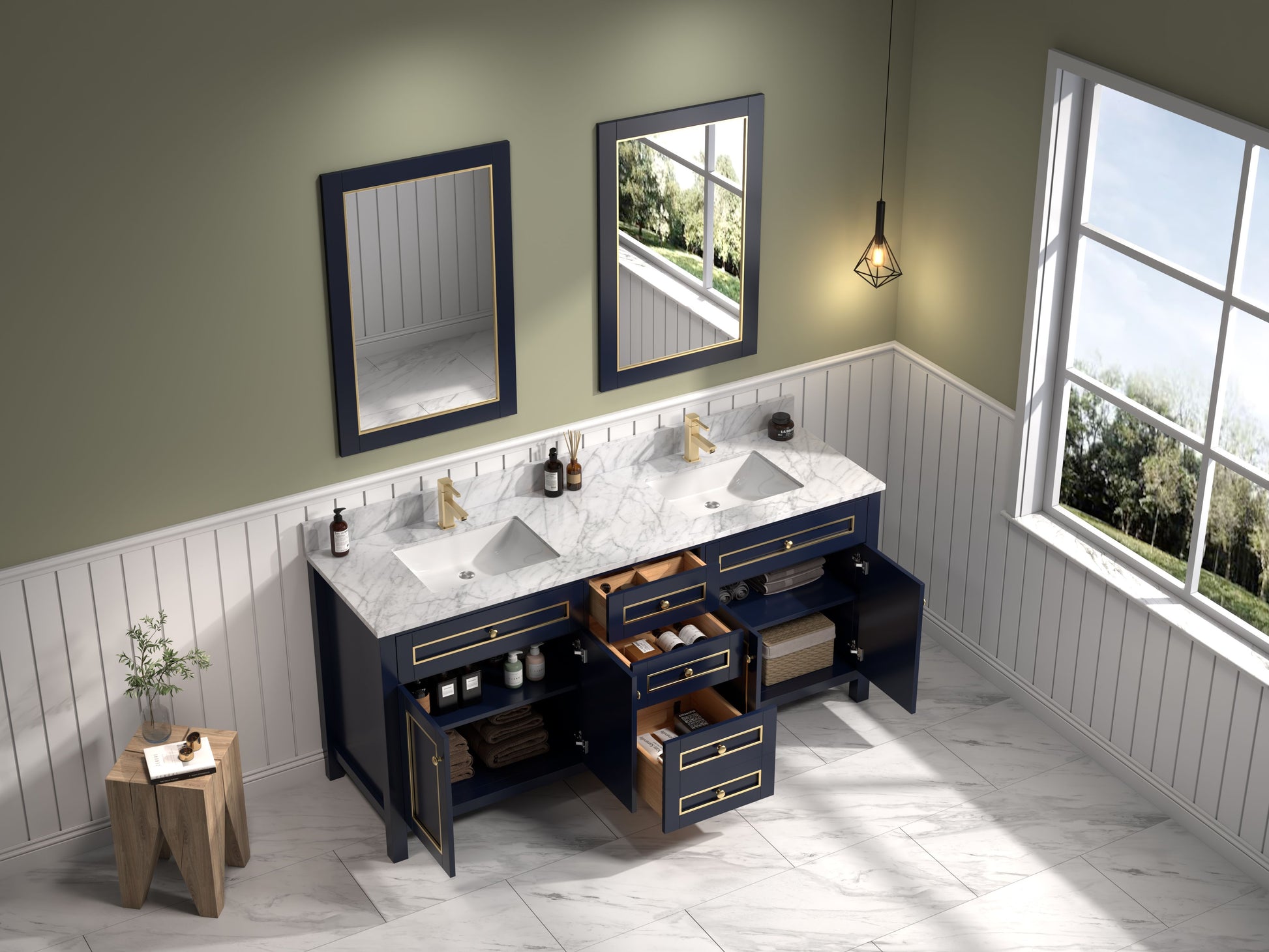 Legion Furniture WV2272-B 72" Blue Finish Sink Vanity Cabinet with Carrara White Top