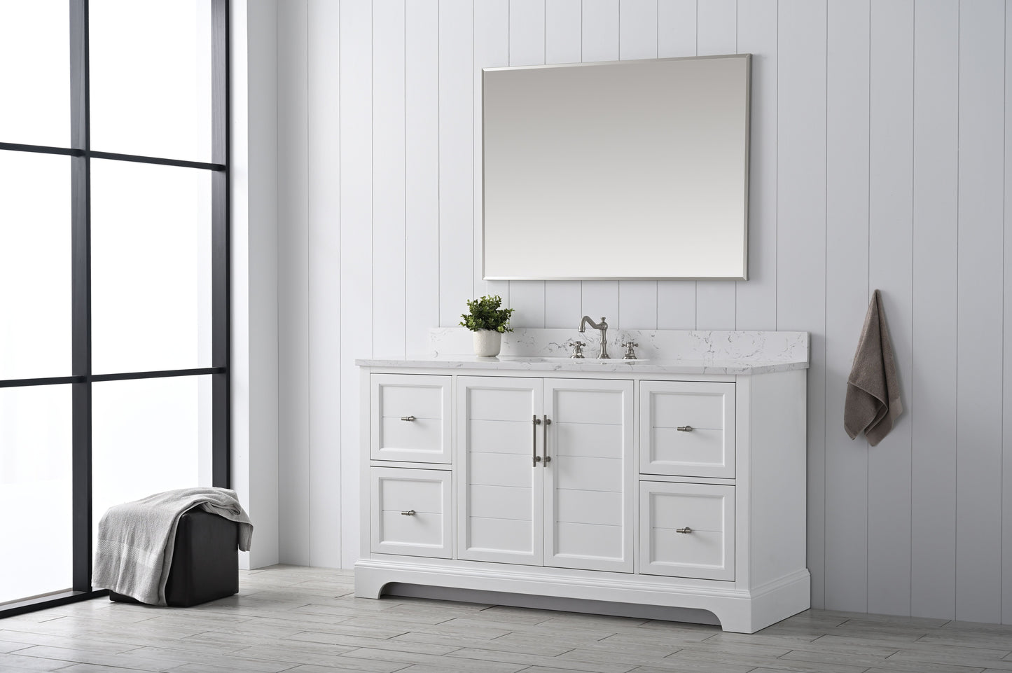 60 Inch Single Sink Bathroom Vanity in White with Marble Countertop & Backsplash - Vanity Art VA5060-SW