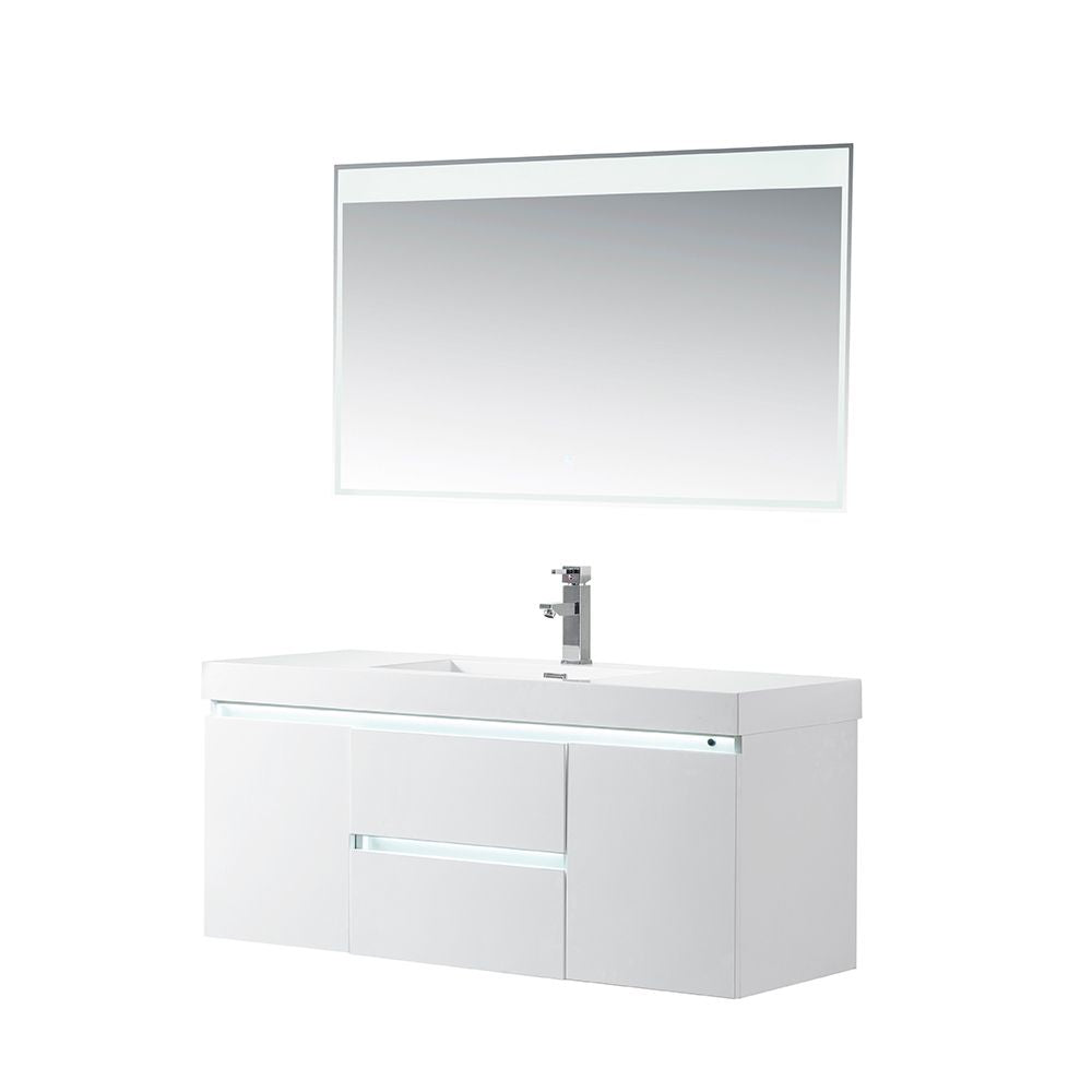 48 Inch LED Lighted Wall Hung Single Sink Bathroom Vanity in White with Resin Top - Vanity Art VA6048WL