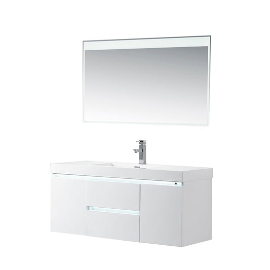 48 Inch LED Lighted Wall Hung Single Sink Bathroom Vanity in White with Resin Top - Vanity Art VA6048WL