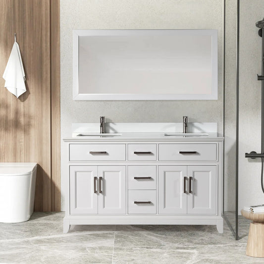 60 Inch Double Sink Bathroom Vanity in White with White Marble Countertop - Vanity Art VA1060DW