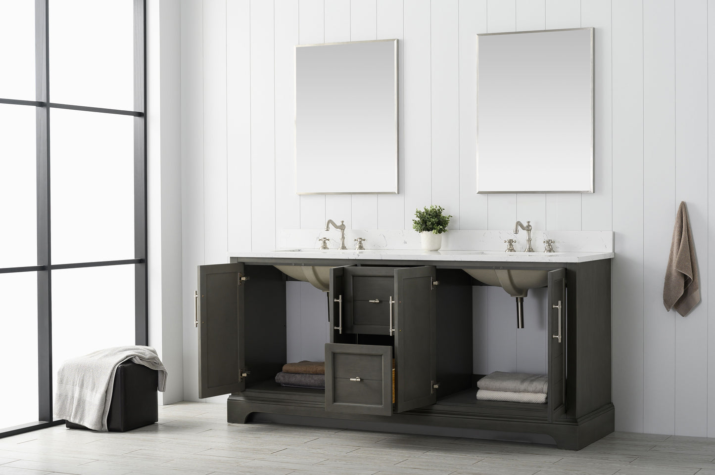 72 Inch Double Sink Bathroom Vanity in Gray with Marble Countertop & Backsplash - Vanity Art VA5072-DSG