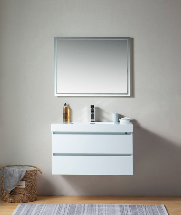 36 Inch LED Lighted Wall Hung Single Sink Bathroom Vanity in White with Resin Top - Vanity Art VA6036WL