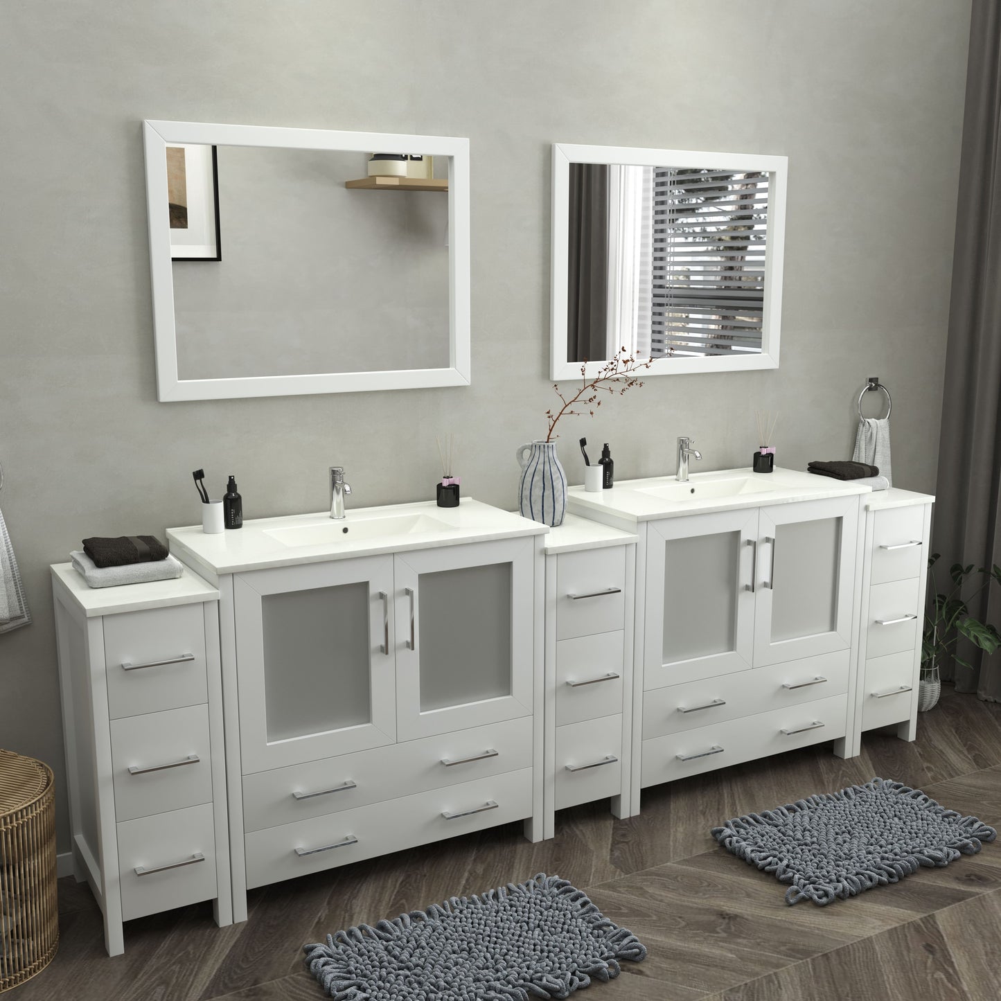 108 Inch Double Sink Bathroom Vanity in White with Ceramic Countertop - Vanity Art VA3036-108W