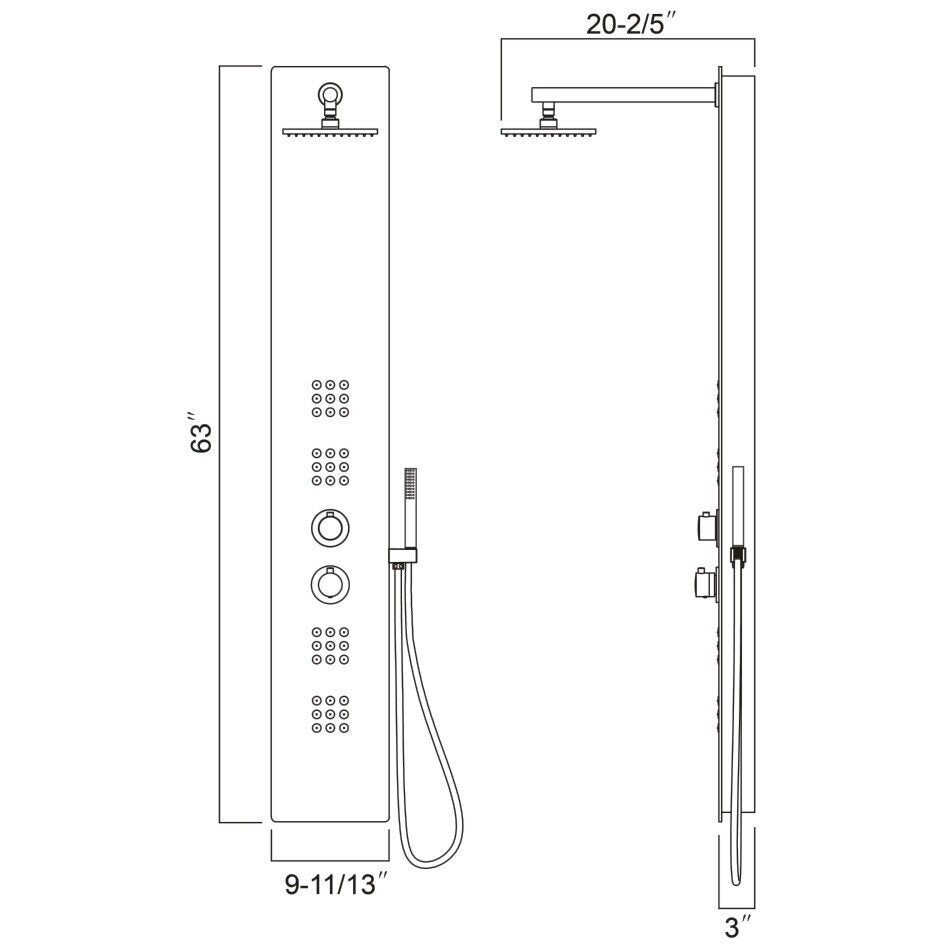 Shower Panel with 2 Sets Massage Jets 63"H x 9 11/13"W x 3"D - White with Glass (RA-SP651)