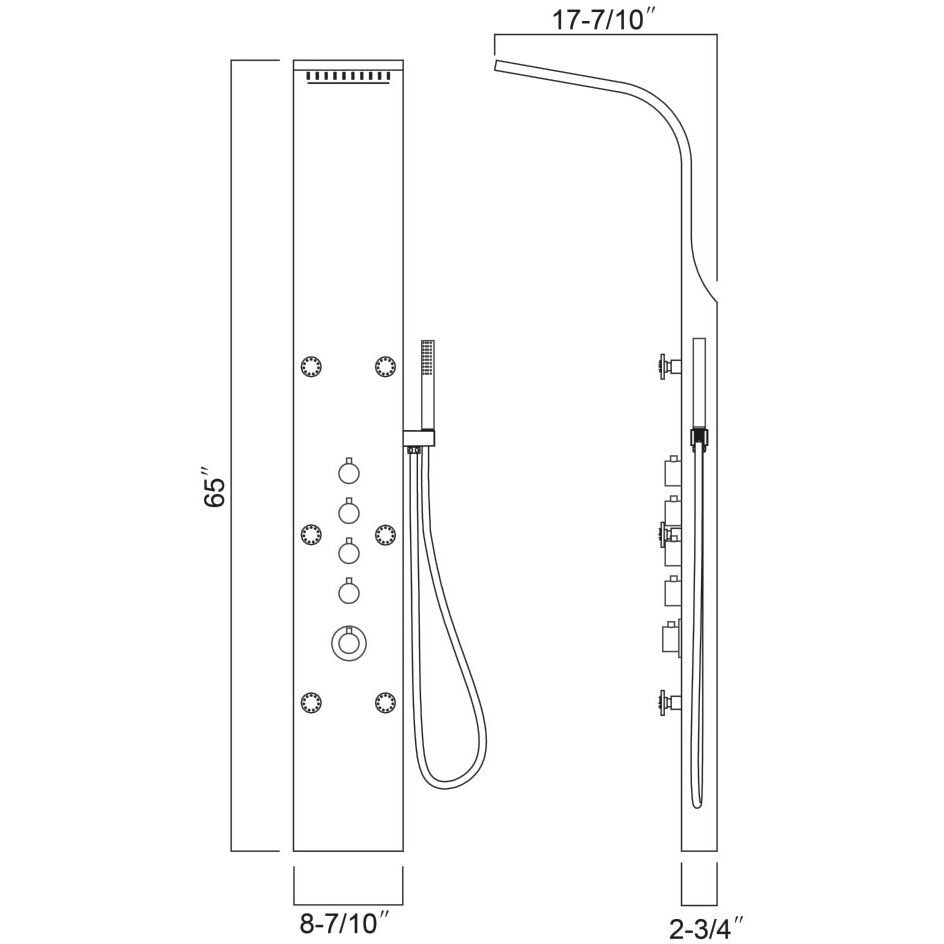 Shower Panel with 6pcs Brass Massage Jets 65"H x 8 7/10"W x 2 3/4"D (RA-SP880)