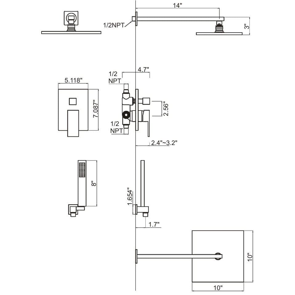 Ratel RA-9415BN Concealed Shower System with 10" Square Rainfall Shower Head - Brushed Nickel (RA-9415BN)