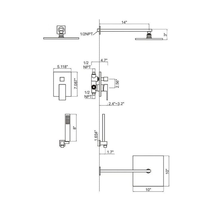 Ratel RA-9415MB Concealed Shower System with 10" Square Rainfall Shower Head - Matte Black (RA-9415MB)