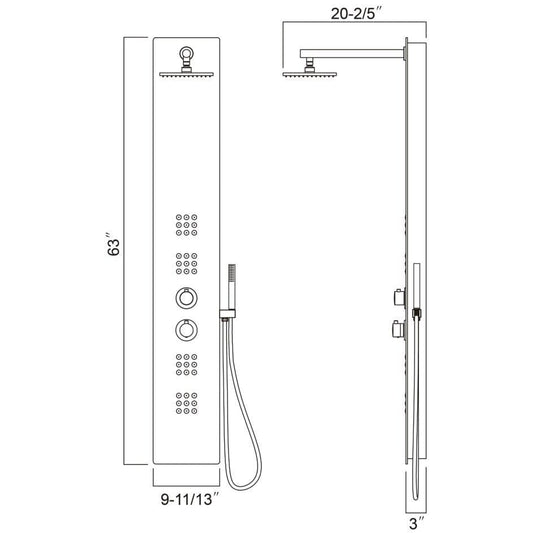 Ratel RA-SP651 Shower Panel with 2 Sets Massage Jets 63"H x 9 11/13"W x 3"D - White with Glass (RA-SP651)