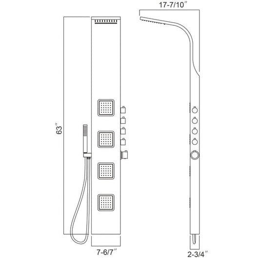 Ratel RA-SP827 Shower Panel with 4pcs Movable Massage Jets 63"H x 7 6/7"W x 2 3/4"D - With Spout (RA-SP827)