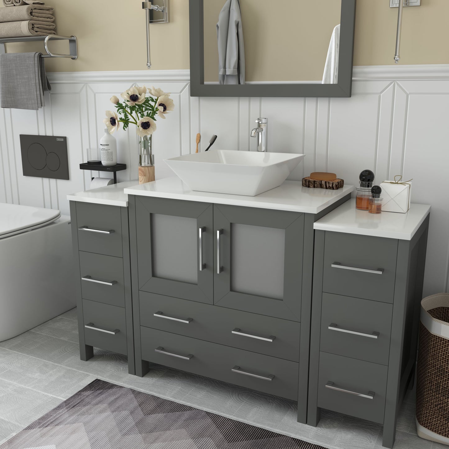 54 Inch Single Sink Bathroom Vanity in Gray with Marble Countertop - Vanity Art VA3130-54G