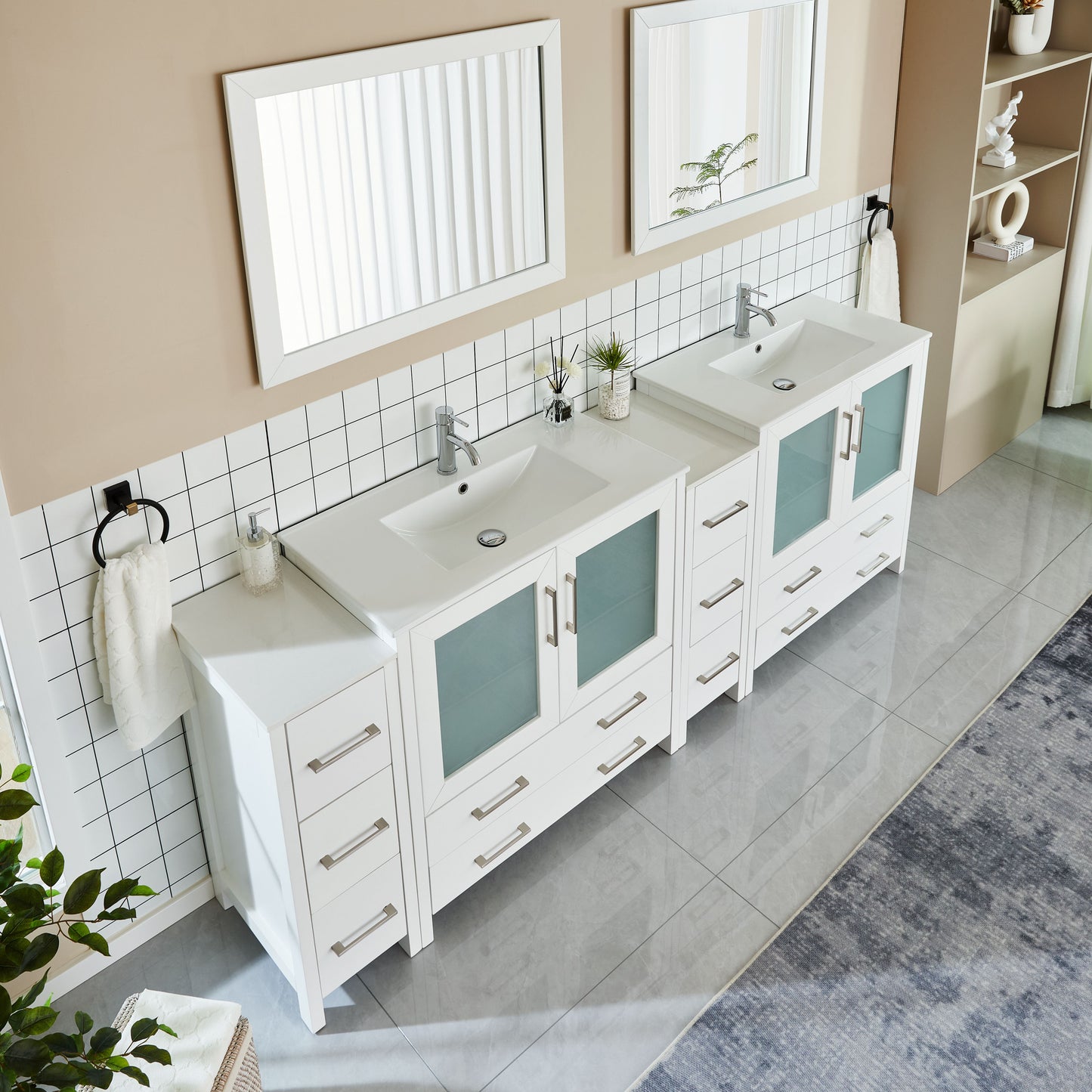 96 Inch Double Sink Bathroom Vanity in White with Ceramic Countertop - Vanity Art VA3036-96W