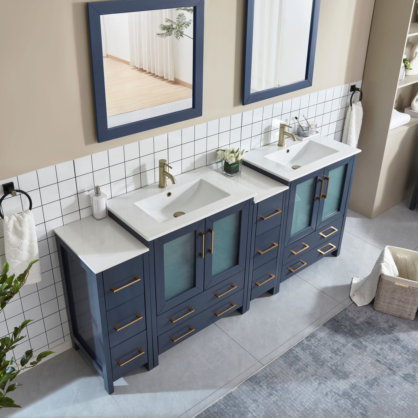 84 Inch Double Sink Bathroom Vanity in Blue with Ceramic Countertop - Vanity Art VA3030-84B