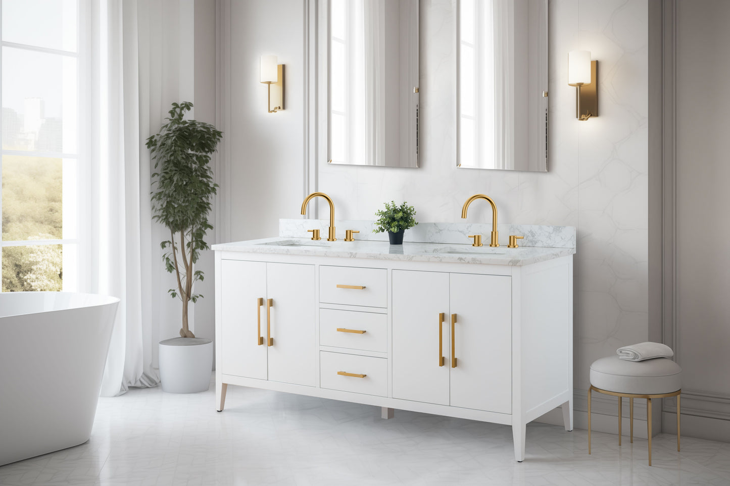 72 Inch Double Sink Bathroom Vanity in White with Marble Countertop - Vanity Art VA9072-DW