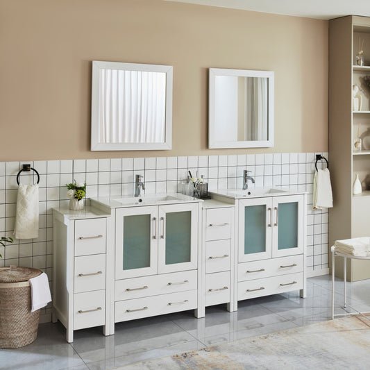 84 Inch Double Sink Bathroom Vanity in White with Ceramic Countertop - Vanity Art VA3030-84W