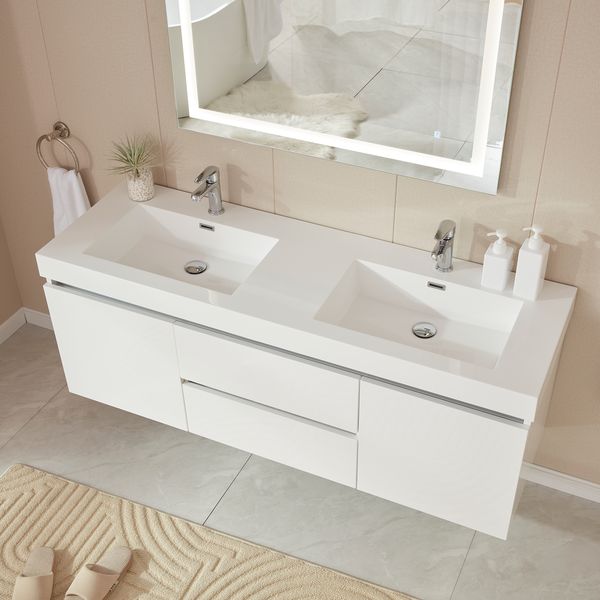 60 Inch LED Lighted Wall Hung Double Sink Bathroom Vanity in White with Resin Top - Vanity Art VA6060DWL