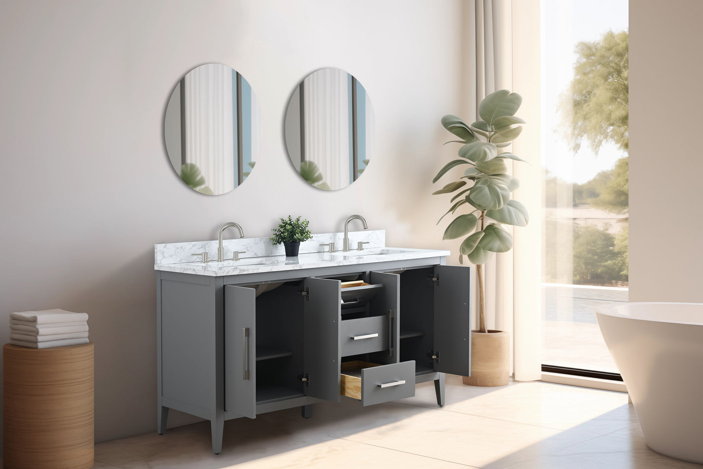 60 Inch Double Sink Bathroom Vanity in Cashmere Gray with Marble Countertop - Vanity Art VA9060-DG