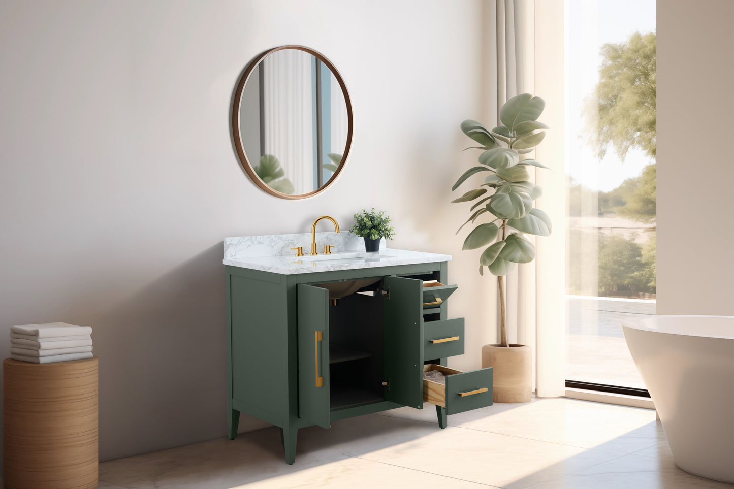 36 Inch Single Sink Bathroom Vanity in Vintage Green with Marble Countertop - Vanity Art VA9036-VG