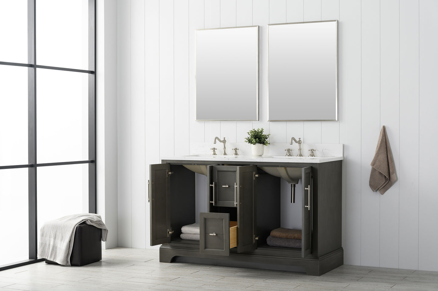 54 Inch Double Sink Bathroom Vanity in Gray with Marble Countertop & Backsplash - Vanity Art VA5054-SG