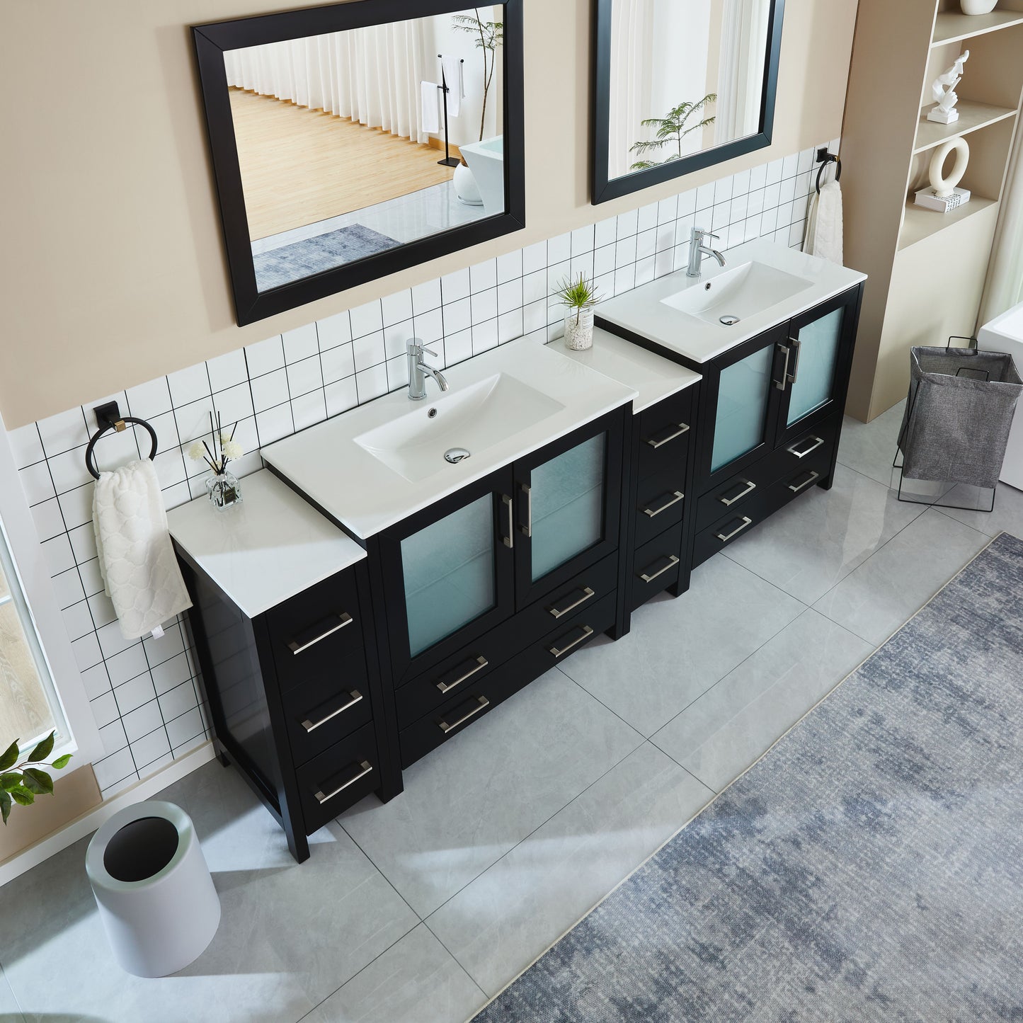 96 Inch Double Sink Bathroom Vanity in Espresso with Ceramic Countertop - Vanity Art VA3036-96E