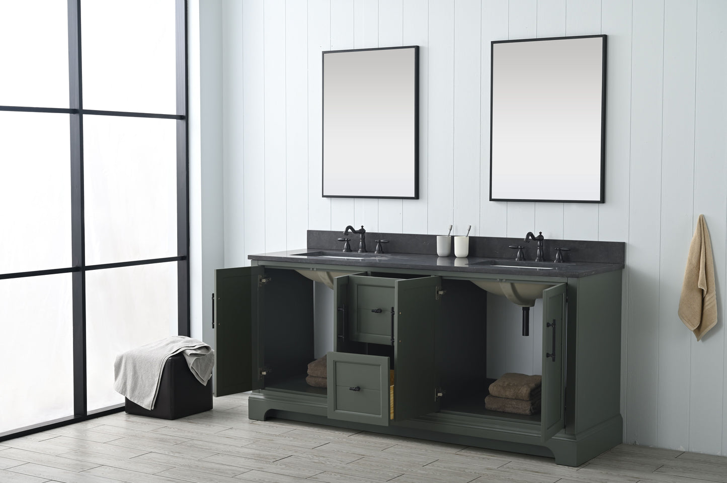 72 Inch Double Sink Bathroom Vanity in Vintage Green with Marble Countertop & Backsplash - Vanity Art VA5072-DVG